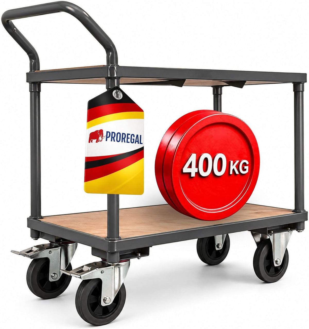 PROREGAL Tischwagen Transportwagen Handwagen Materialwagen Pro mit 2 Etagen, Traglast 400kg, HxBxT 95x50x97cm, Grau