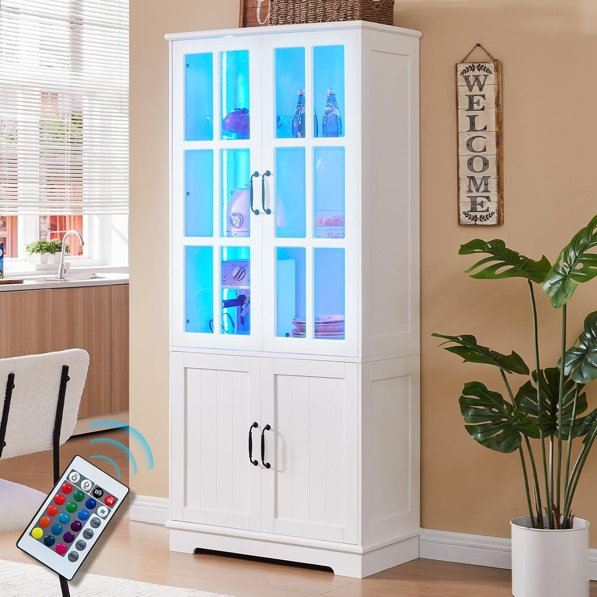 LUXOAK 180 cm Buffetschrank mit LED, 4 Türen, Vitrinenschrank, Weiß