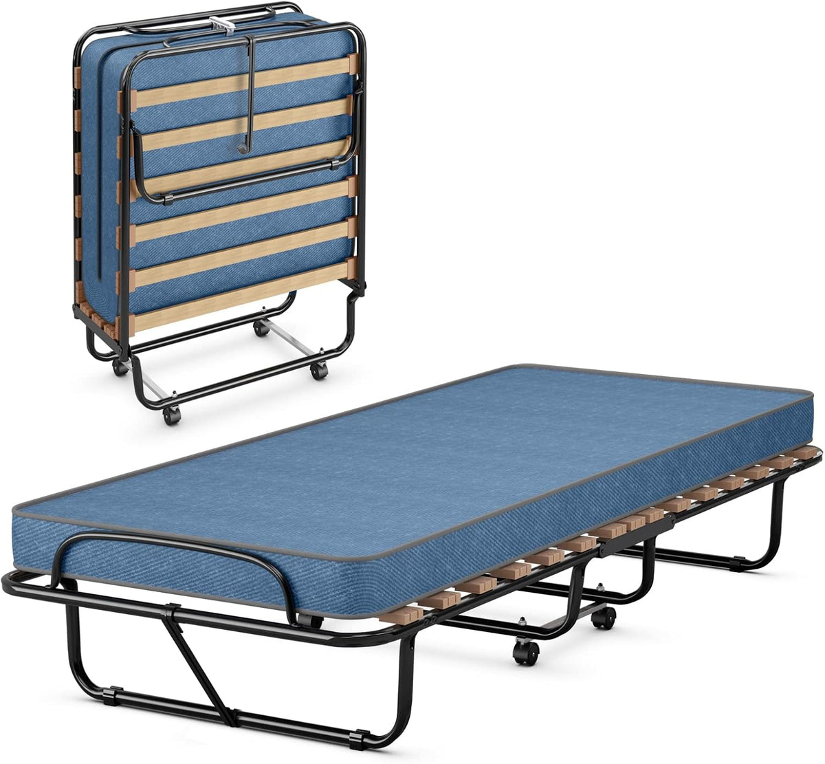 GOPLUS Gästebett 80x190 cm, Klappbett mit Matratze, Einzelbett Erwachsene für Schlafzimmer& Büro (Blau), Stahlrahmen