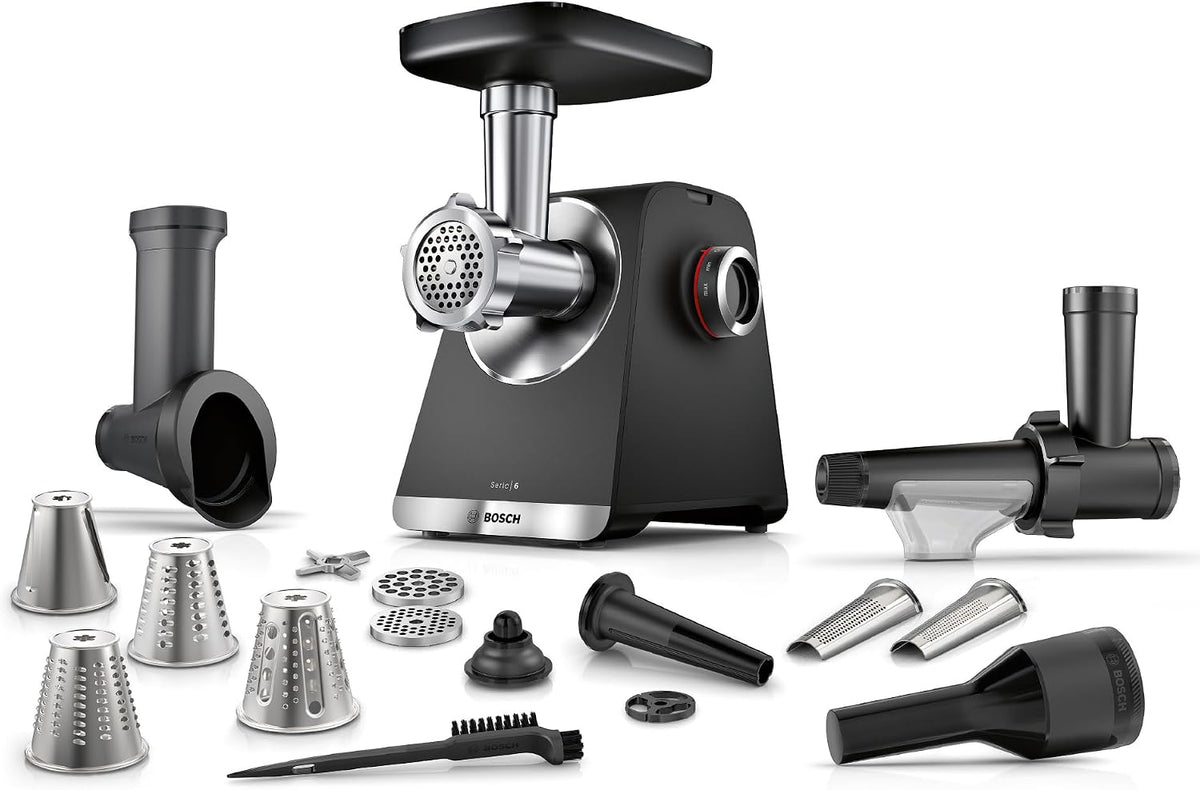 Bosch Fleischwolf Serie 6, MultiPower MFWS660B, 4,5 / 8 mm) Edelstahl, 2.100 W, 3 Lochscheiben (3, spülmaschinenfest, Reibe, Wurst-/ Kebbe-Aufsatz