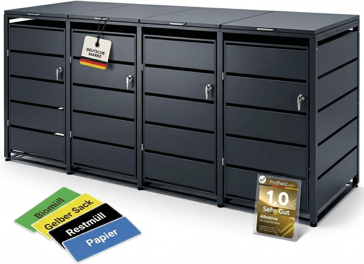 ALBATROS Mülltonnenbox 4er, 120-240L, Metall RAL7016, abschließbar