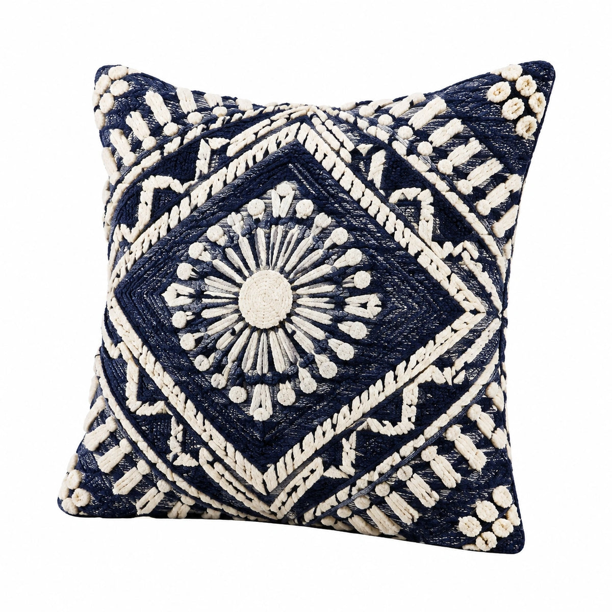 Zierkissen 45 x 45 cm aus Textil in Dunkelblau Creme mit geometrischem Reliefmuster