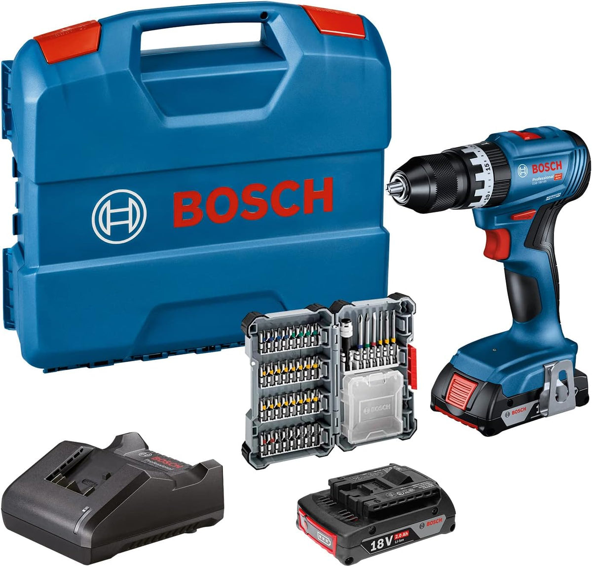 Bosch Professional 18V System Akku Schlagbohrschrauber GSB 18V-45 (Drehzahl 1.900 min⁻¹, GAL 18V-20, inkl. 2x 2.0Ah Akku, Zubehöre, L-Case)