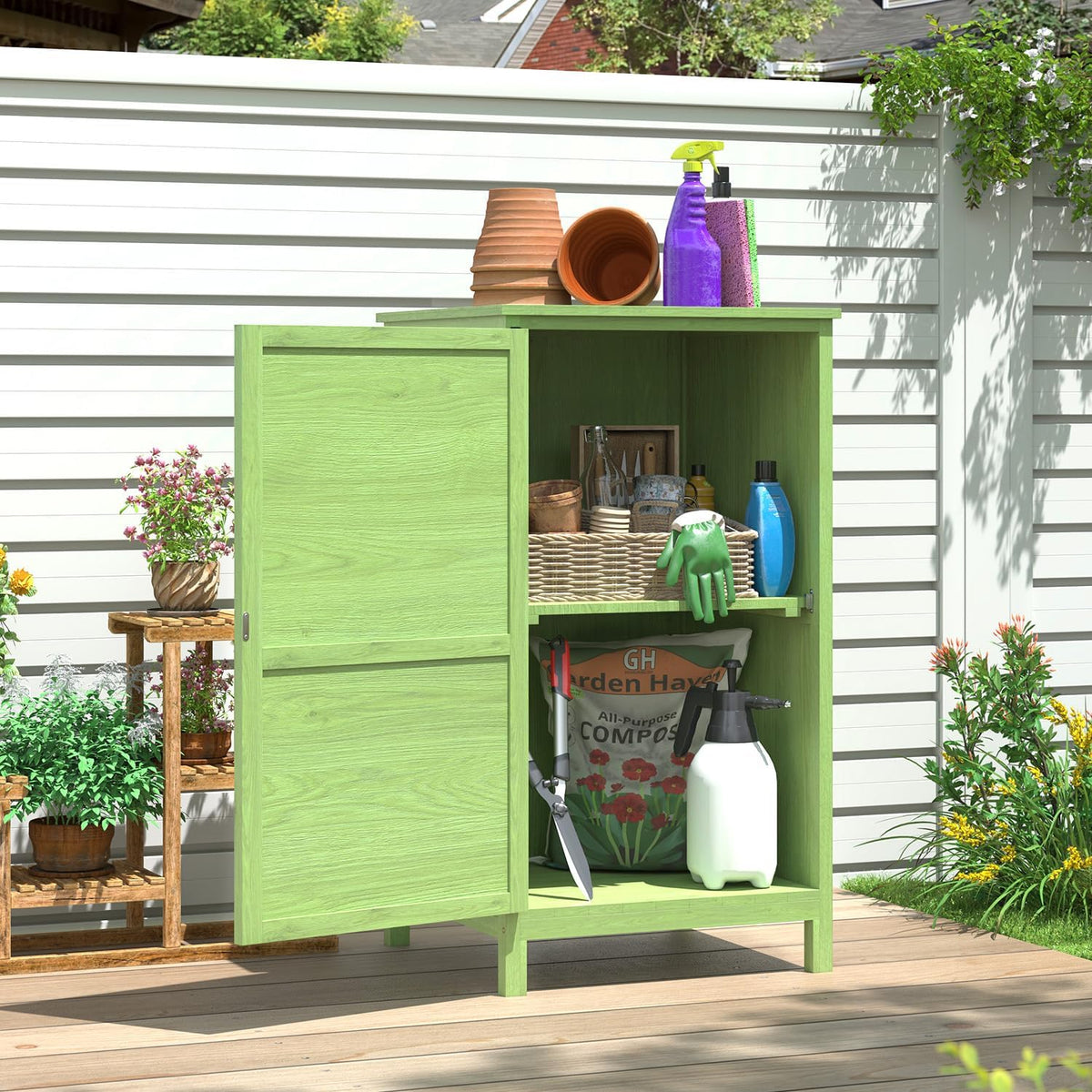 Aoxun Garten-Geräteschrank aus Holz, Kleiner Holz-Gartenschuppen 55 x 54 x 100 cm, Gartenschrank für draußen mit verstellbaren Regalboden, Grün