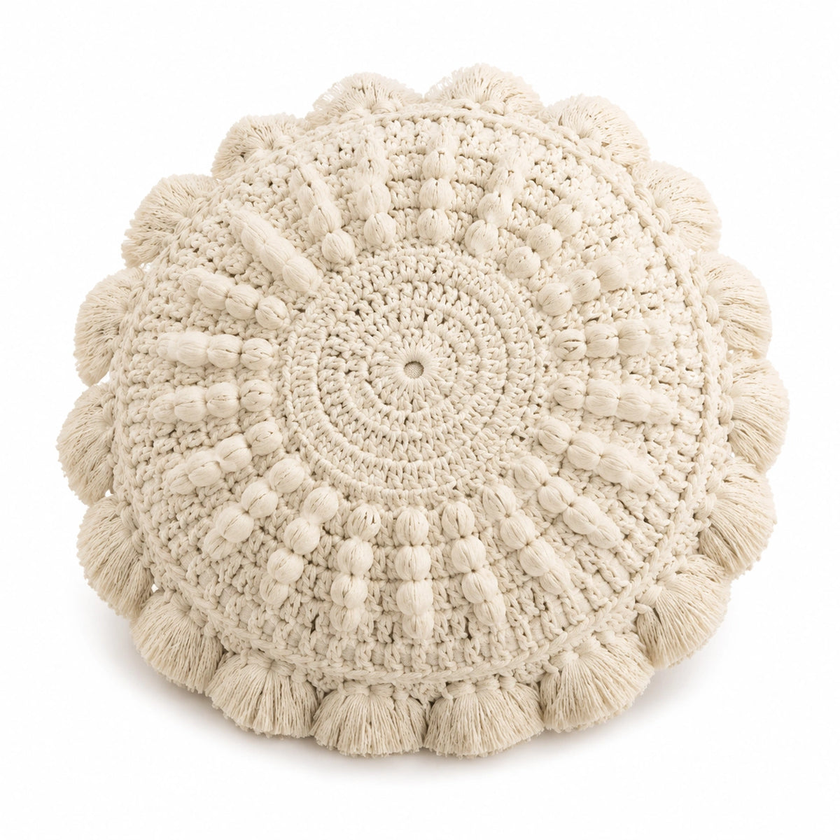 Rundes Zierkissen 45 cm Baumwolle Creme mit Fransen Struktur