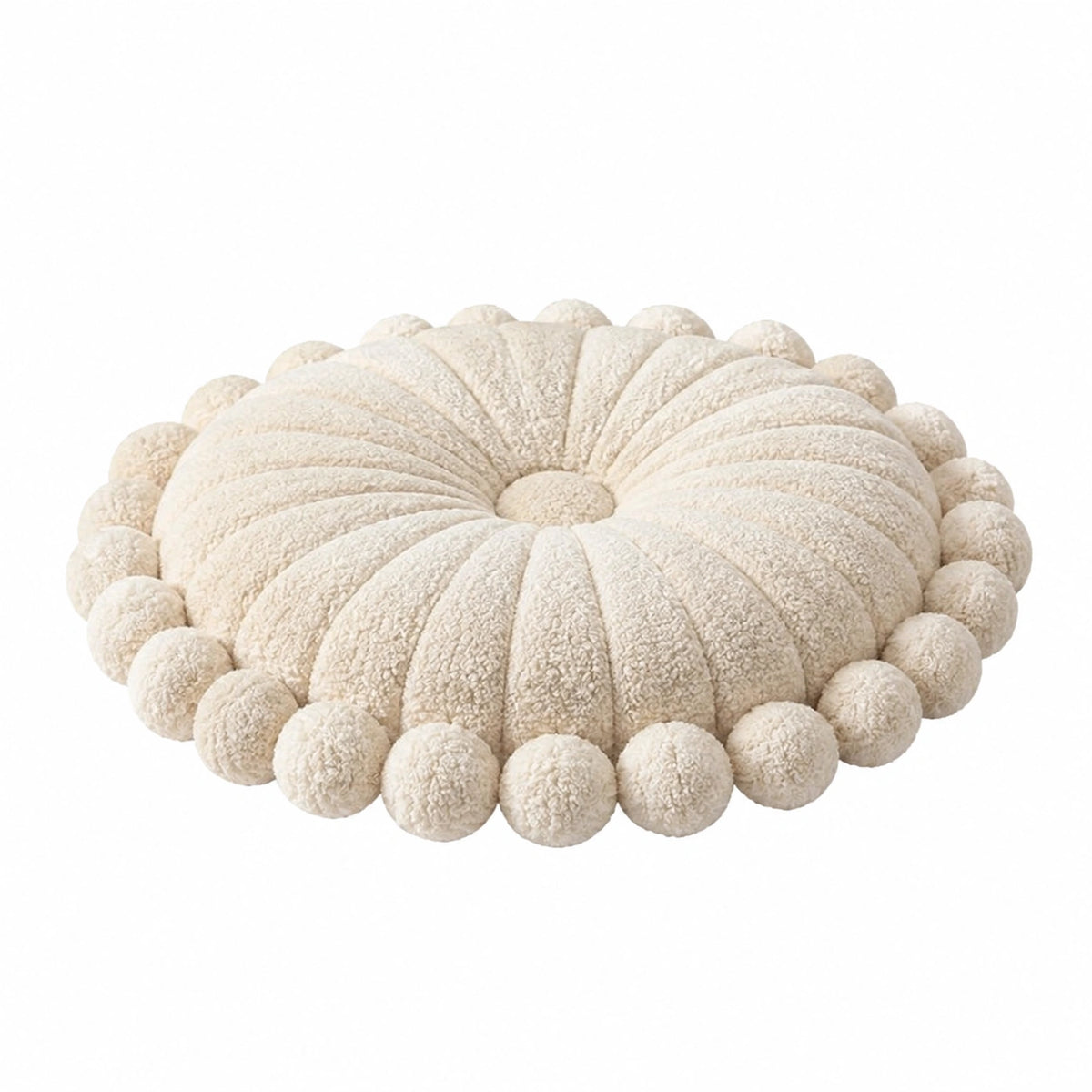 Rundes Zierkissen 45 cm aus Teddyfleece in Creme mit Pompons