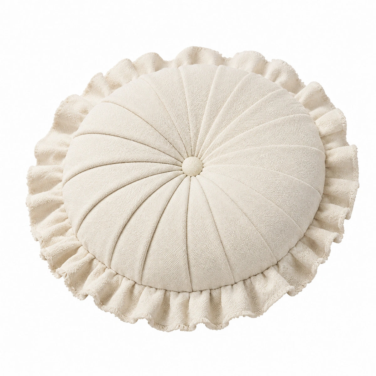 Rundes Zierkissen 45 cm Creme Stoff mit Rüschen und Falten