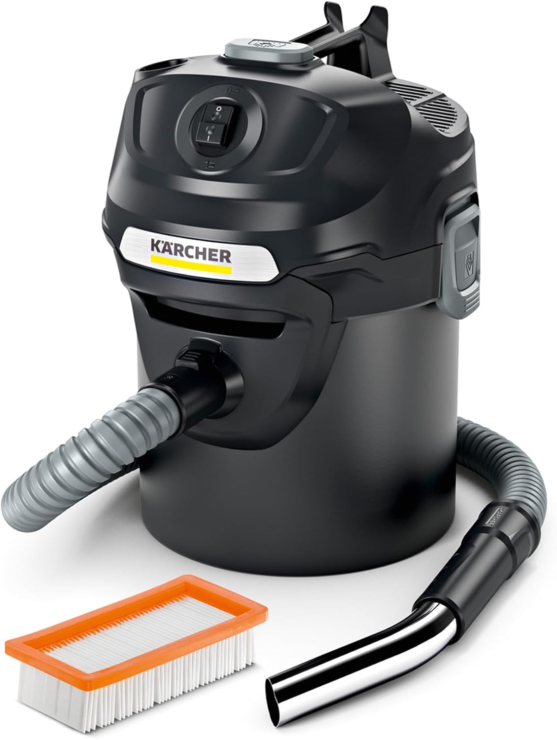 Kärcher Aschesauger AD 2, Nennleistungsaufnahme: 1000 W, Metallbehälter: 14 l, Saugschlauch: 1,2 m, integrierte Filterabreinigung, Flachfaltenfilter