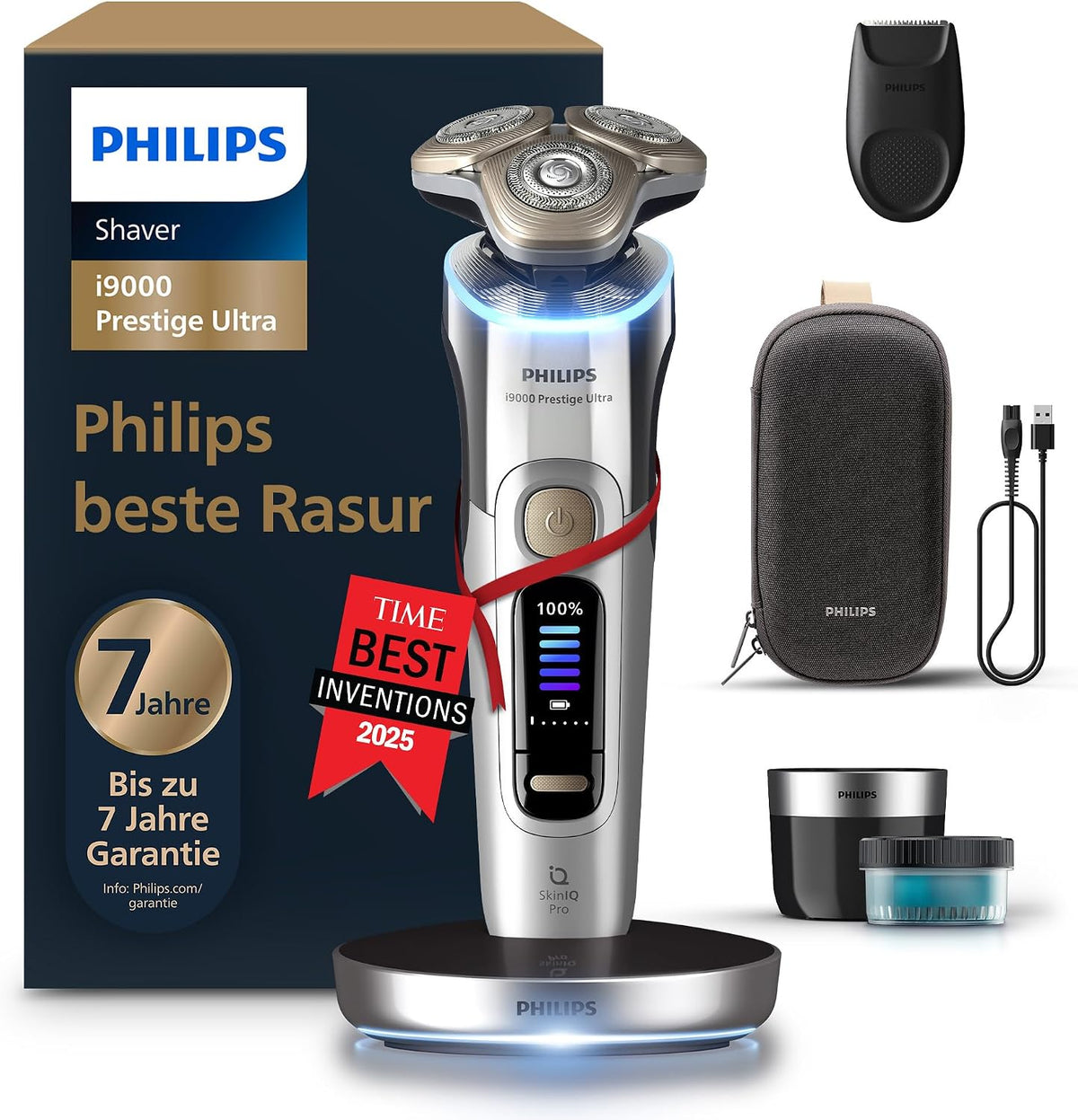 Philips elektrischer Rasierer i9000 Prestige Ultra, Ladestation und Reiseetui (XP9404/31), Nass- und Trockenrasierer für Herren, chrom, Trimmeraufsatz
