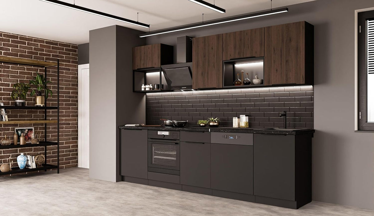 Kuechen-preisbombe Küche Siena + Monza Basic LOFT 280 cm Küchenzeile Küchenblock Einbauküche Nussbaum Okapi + Schwarz matt