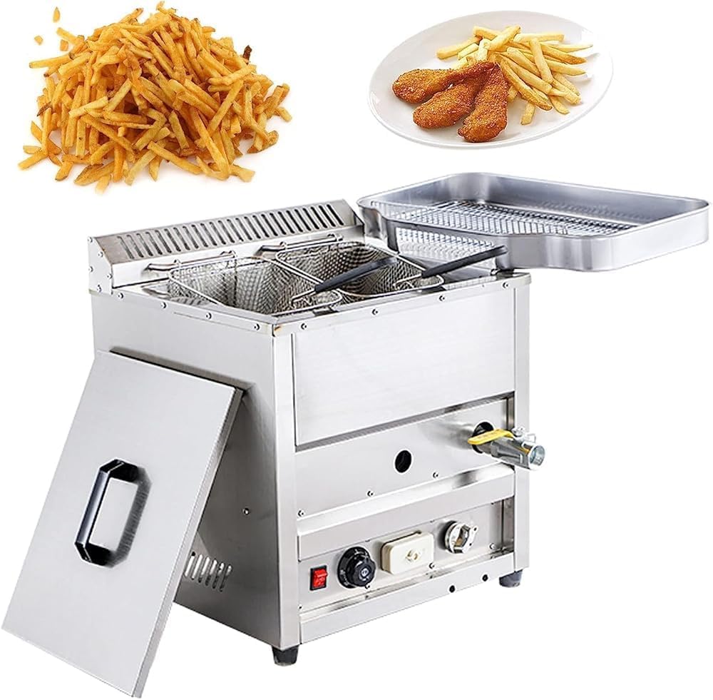 Kommerzielle Gasfritteuse, Arbeitsplatte, Propangasfritteuse, freistehende Temperaturkontrolle, Gasfritteuse, Edelstahltanks Korb, Tischplatte
