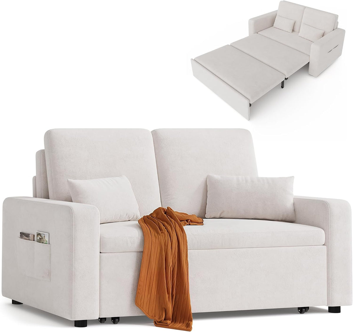 Xbro Schlafsofa 147x196x87 cm, Sofa mit Schlaffunktion, Schlafsofa 2-Sitzer Ausziehbar, Modernes Veloursstoff Sofabett, Beige