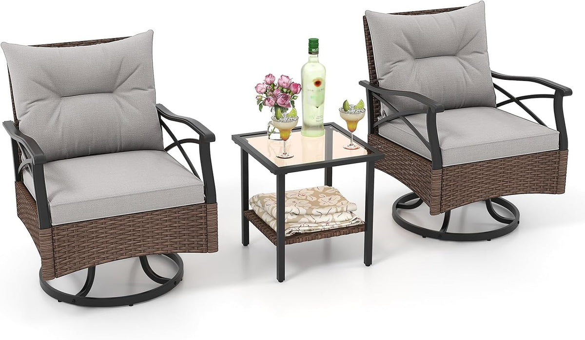 COSTWAY Rattan Gartenmöbel Set, Balkonmöbel mit 2 drehbaren Schaukelstühlen