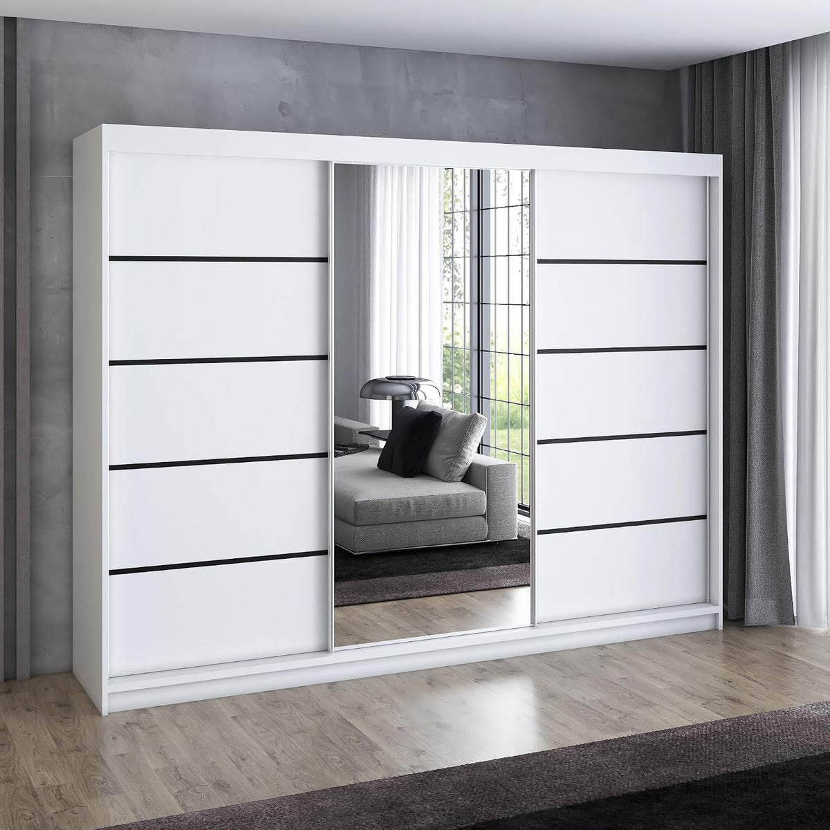 A&J MöbelLand Schwebetürenschrank VILUNO 2 Kleiderschrank 3-türig 200 cm mit Spiegel, 4 Schubladen & 2 Kleiderstangen