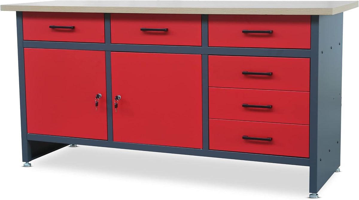 Jan Nowak Werkbank mit Arbeitsplatte Werktisch mit 6 Schubladen 2 Schließfächer Verstellbare Füße MDF-Arbeitsplatte Belastbar bis 500 kg Metall 170 cm