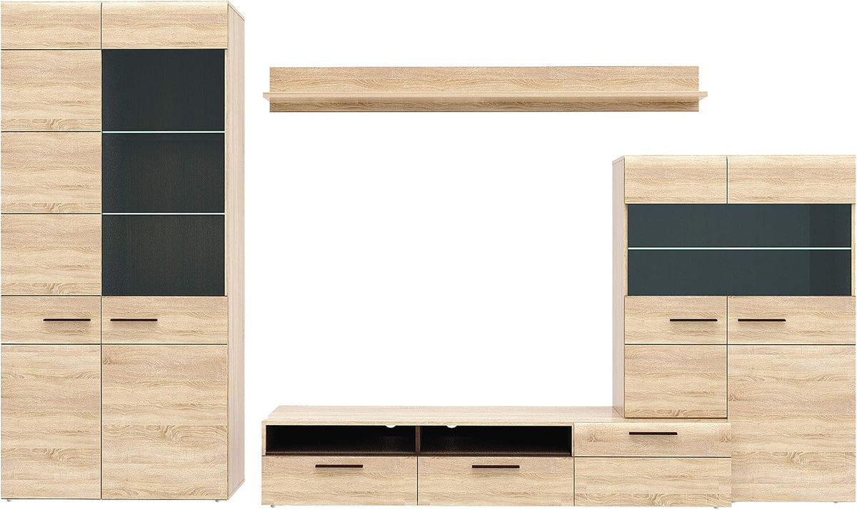 FORTE Combino Wohnwand mit 2 Türen, 197 x 330 x 52 cm, 3 Glastüren und 2 Schubladen, Holzwerkstoff, Sonoma Eiche/ Denver Eiche/Wenge
