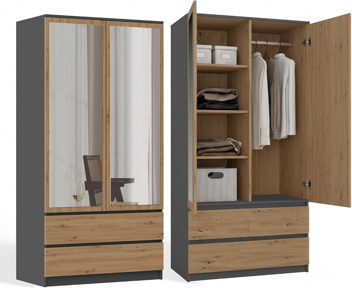CDF Kleiderschrank + Spiegel 90cm breit 2-türig Flurschrank 2 Schubladen