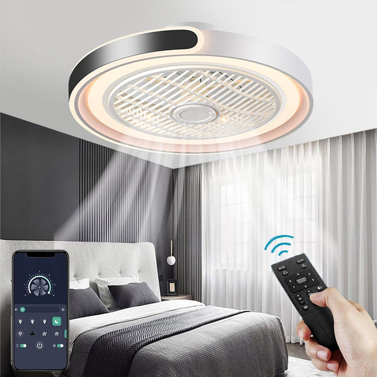 ASJK Deckenventilator mit Licht, Modern LED Dimmbar Deckenleuchte mit Ventilator und Fernbedienung Leise 72 W, 6-Gang, für Wohn, 7200 lm, Timer