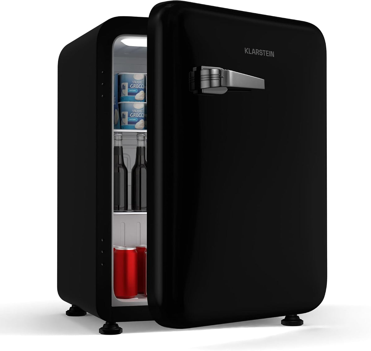 Klarstein Audrey Evo 68L Retro Mini Kühlschrank, Leise 40 dB, Kompakter Kühlschrank Klein mit Verstellbaren Füßen, für Schlafzimmer und Büros, Schwarz