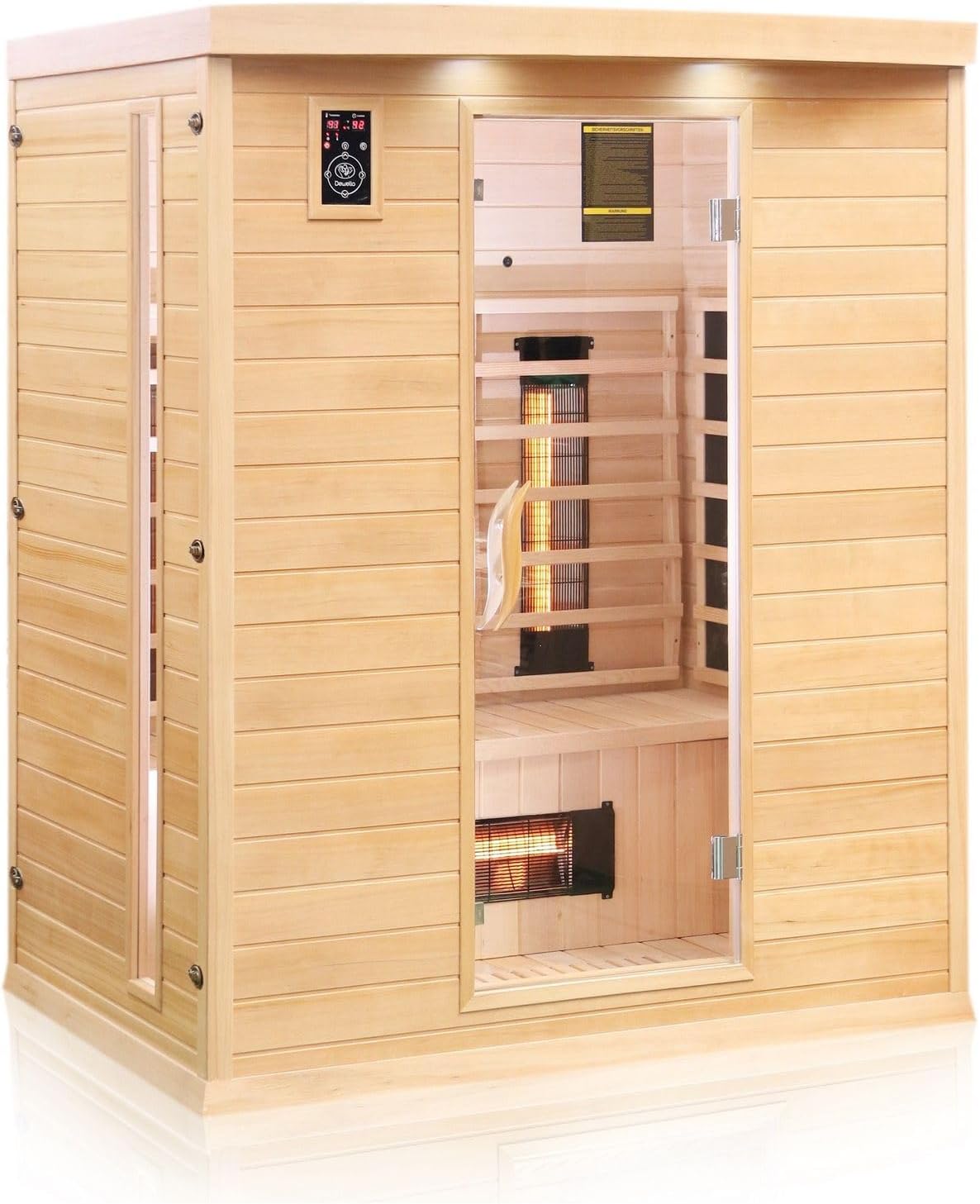 Dewello Infrarotkabine Infrarotsauna Pierson 160x105 für 2-3 Personen aus Hemlock Holz mit Vollspektrumstrahler, Bodenstrahler, LED-Farblicht, FM, MP3