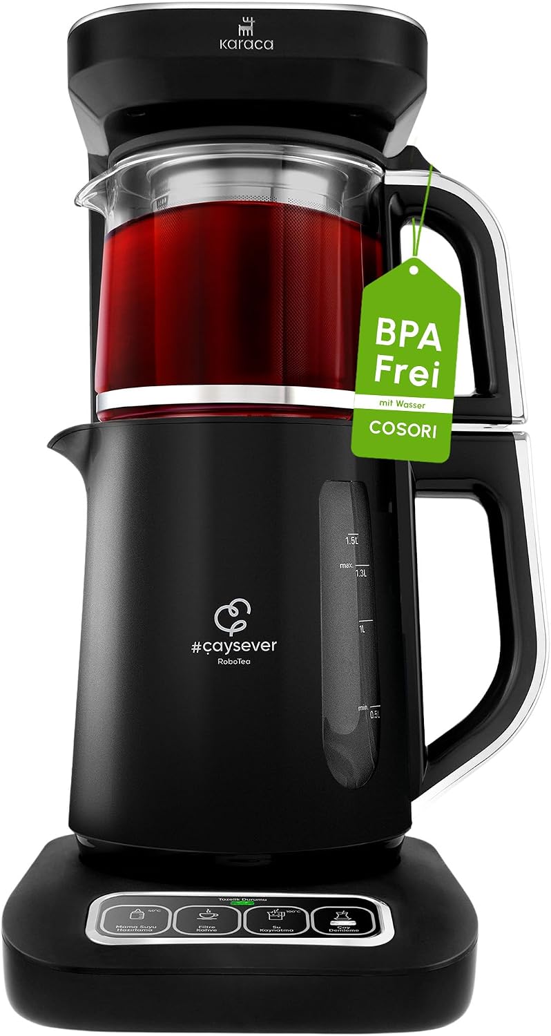 Karaca Çaysever Robotea Pro 4-in-1 Automatische Glas-Teemaschine, 2500W, mit Frischeanzeige & Sprachansagen, Wasserkocher & Filterkaffeemaschine