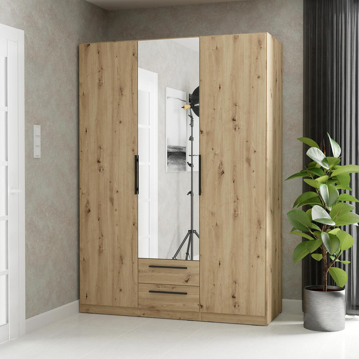 Forte CADIXO Kleiderschrank 150, moderner 3-türiger Schrank, Artisan Eiche Holzdekor mit Spiegel, 150,6 cm breit x 212,9 cm hoch x 58,9 cm tief