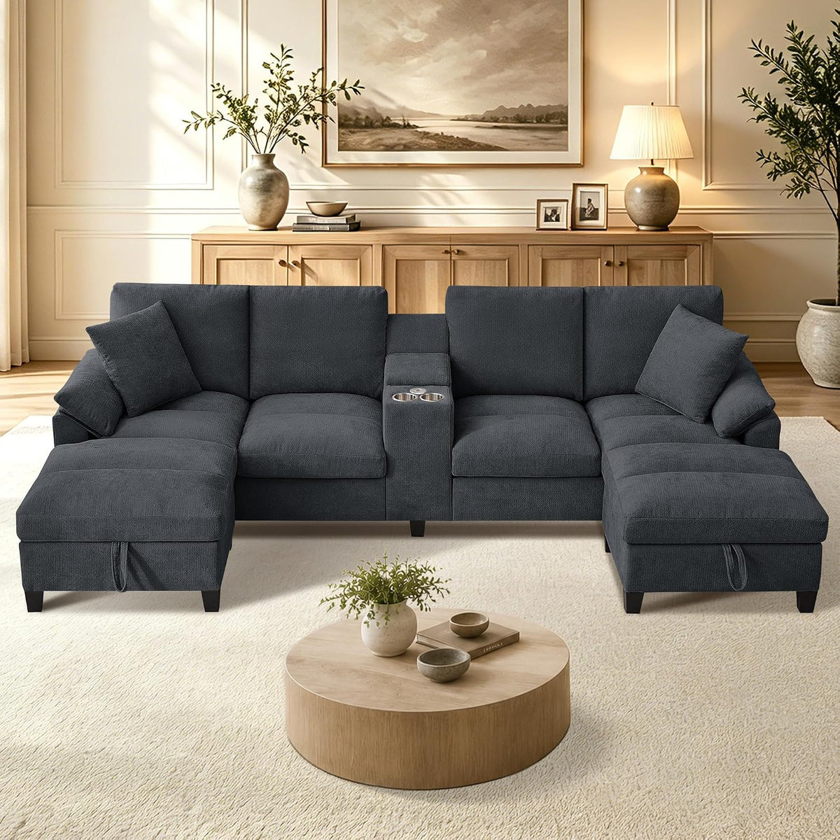 Modulares Sofa 4-Sitzer, 116'Ecksofa mit Mittelkonsole, Wohnlandschaft U Form mit 2 Stauraum Ottomane, Cloud Couch und Sofas für das Wohnzimmer Büro