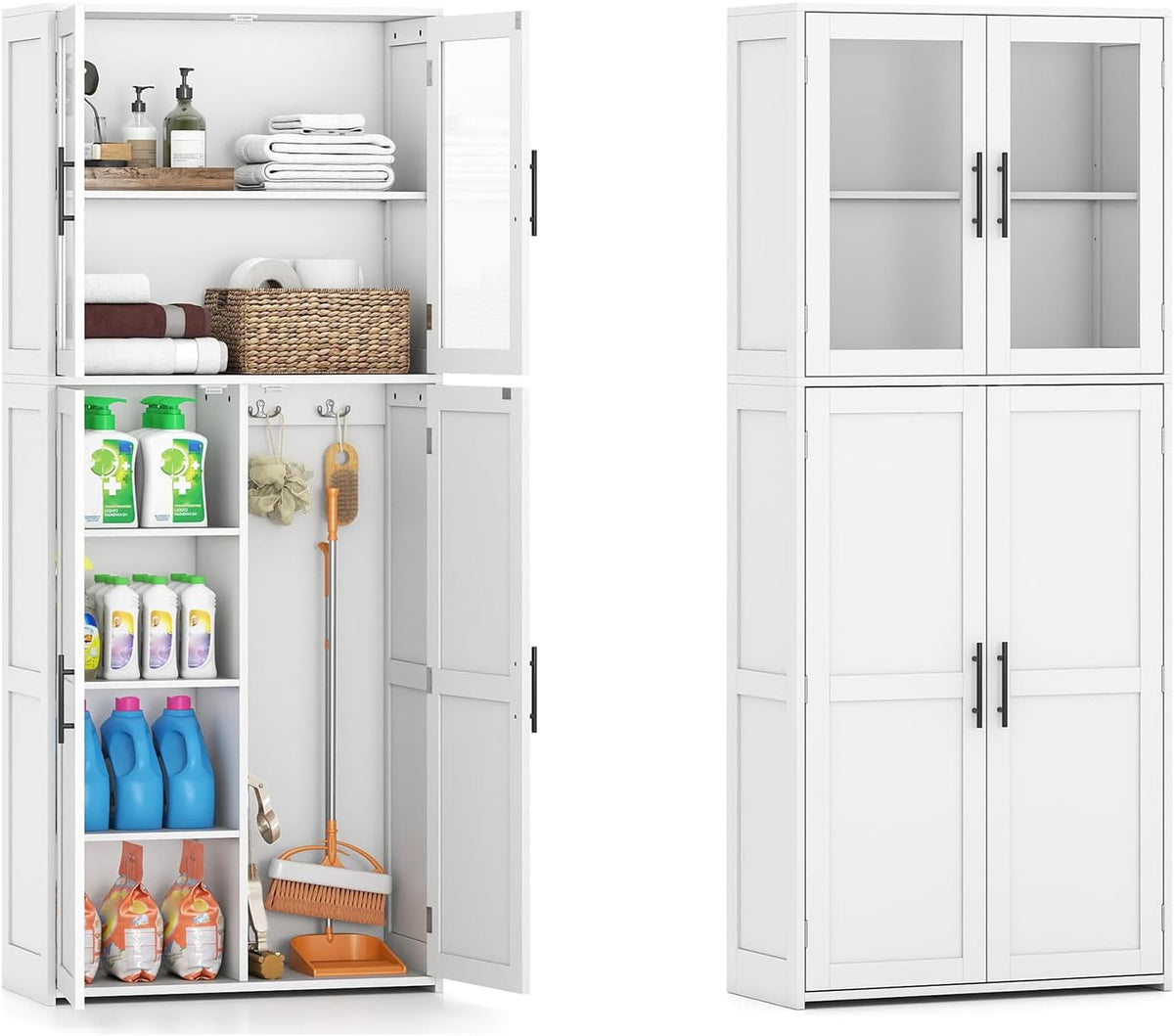 COSTWAY Besenschrank 70cm breit, Haushaltsschrank Putzschrank für Mops & Staubsauger, 70 x 30 x 168 cm, Vorratsschrank Holz, weiß