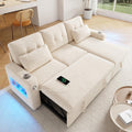 Merax Sofa Ecksofa mit Schlaffunktion und Bettkasten, Praktisches Schlafsofa mit Stauraum, LED-Beleuchtung, USB/Typ-C und 2 Getränkehalter, Beige