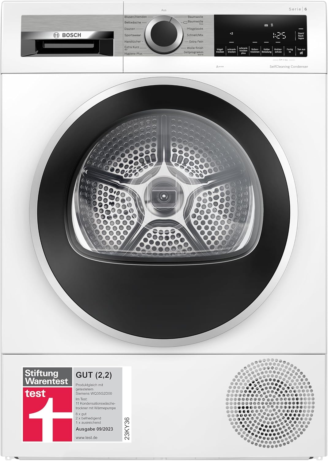 Bosch WQG235D00, Wärmepumpentrockner 8 kg, Stiftung Warentest GUT (2,2)*, Serie 6, Schneller getrocknete Wäsche, Auto Dry, Option Halbe Beladung