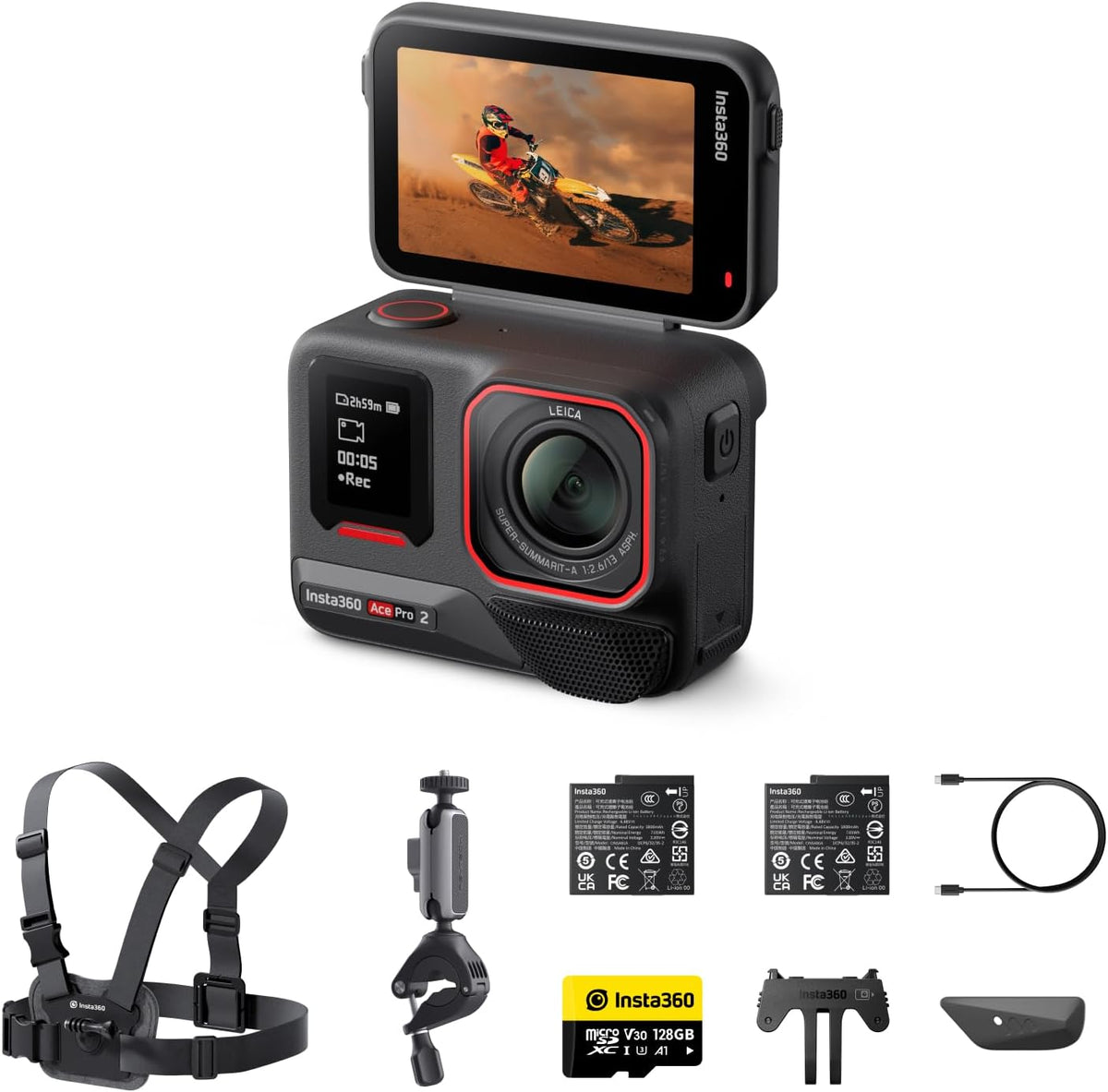 Insta360 Ace Pro 2 Bike Bundle, 8K wasserdichte Actionkamera mit Leica entwickelt, 1/1,3' Sensor, Dual-KI-Chip-System, führende Schwachlichtleistung