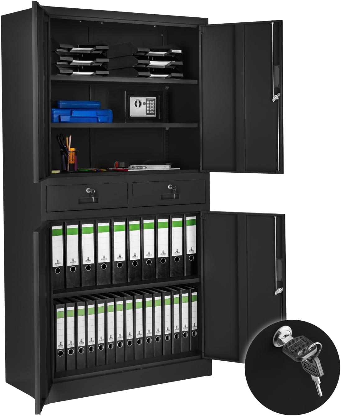 tectake Aktenschrank, 180x80x40cm, Mehrzweckschrank aus Stahl, Allzweckschrank, Aktenschrank abschließbar, 2 Schrankabteilen, 2 Schubladen, schwarz