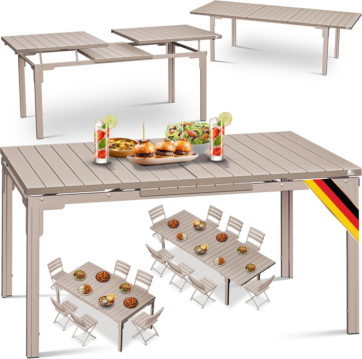 KESSER Gartentisch ausziehbar Esstisch 180/240x90cm erweiterbar bis 8 Personen Ausziehtisch mit pulverbeschichtetem Stahl-Gestell & HDPE Tischplatte