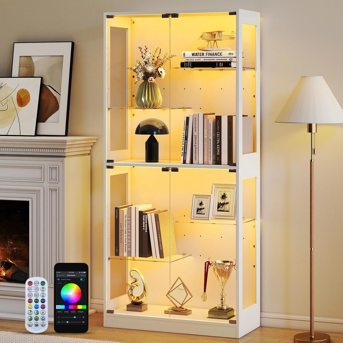 Lamtor Glasvitrinen Stehend mit LED Beleuchtung, Vitrine mit Verstellbares Regal, 175 cm Glas Vitrinenschrank Wohnzimmer