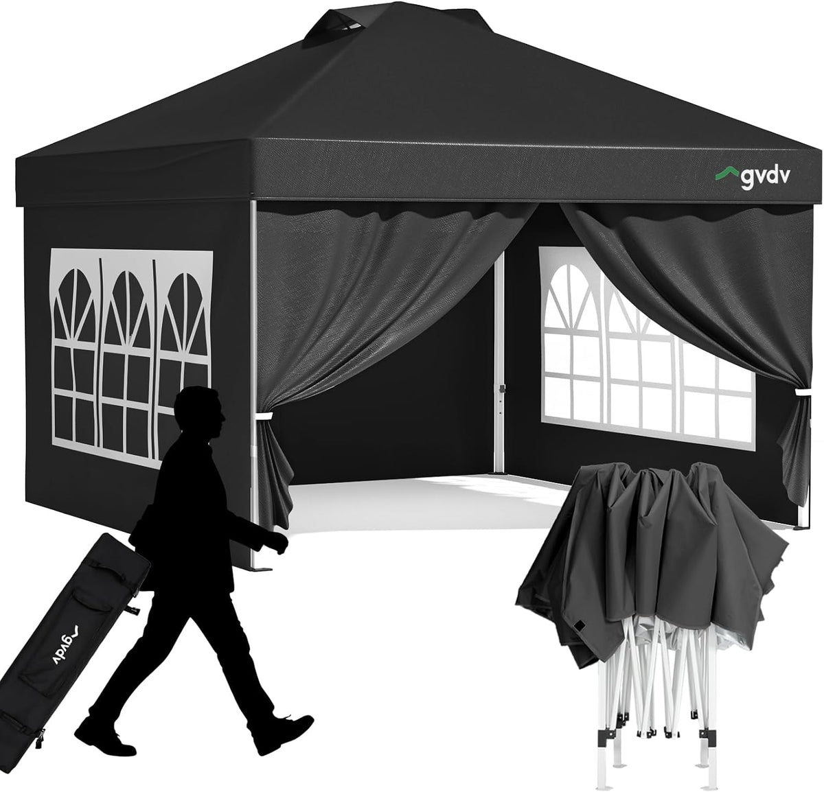 GVDV Pavillon 3x3 Pop Up Wasserdicht mit 4 Seitenteilen, Rollentasche