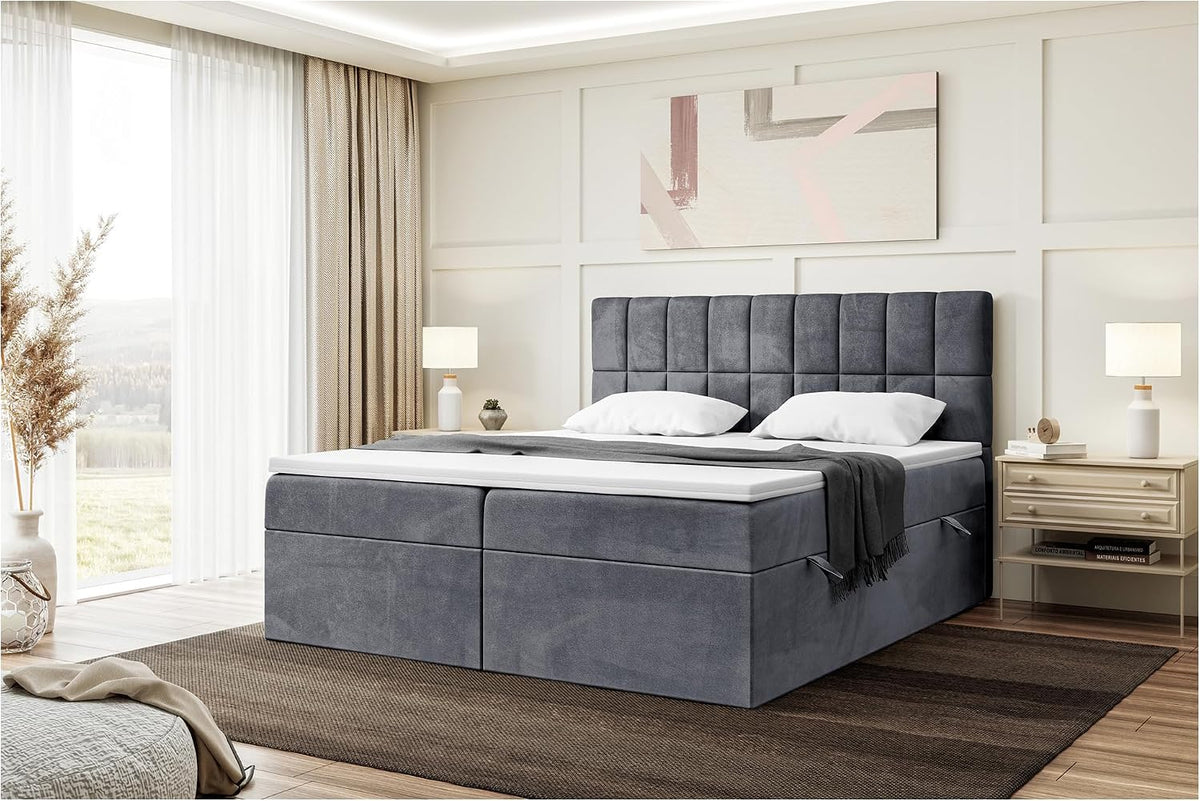 MEBLINI Boxspringbett mit Bettkasten, Gepolstert Doppelbett mit Matratze und Topper, Bett mit Kopfteil, 180x200, H4/Dunkelgrau Samt, Stauraumbett