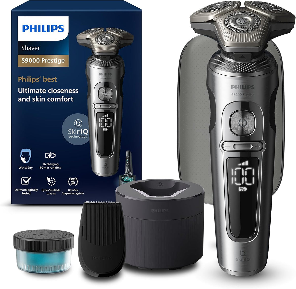 Philips Shaver S9000 Prestige, SP9841/32, elektrischer Nass- & Trockenrasierer für Herren, helles Chrom, Lift & Cut-Rasiersystem, SkinIQ Technologie