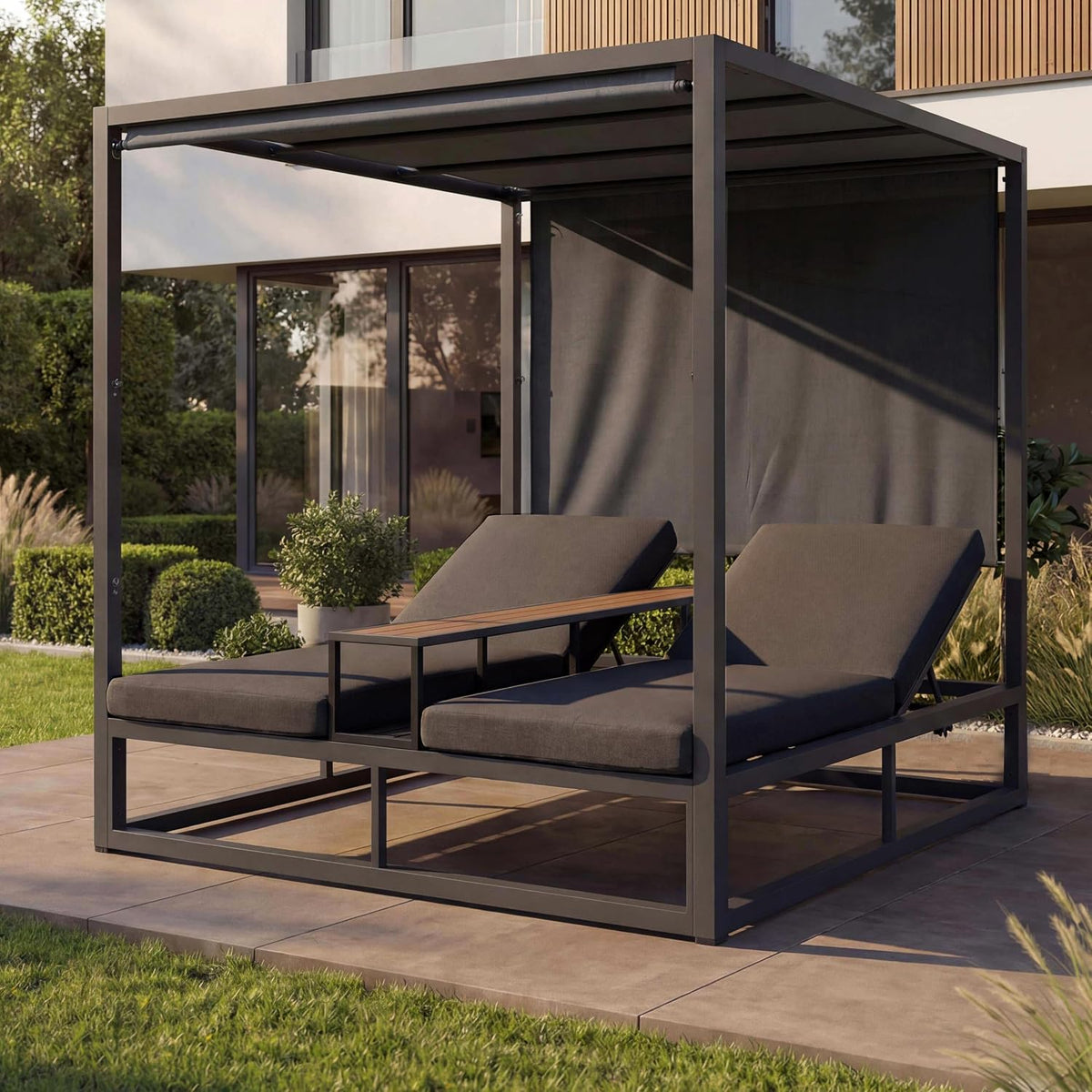 Mendler Alu Lounge-Gartenliege HWC-P81, dunkelgrau, Polster dunkelgrau