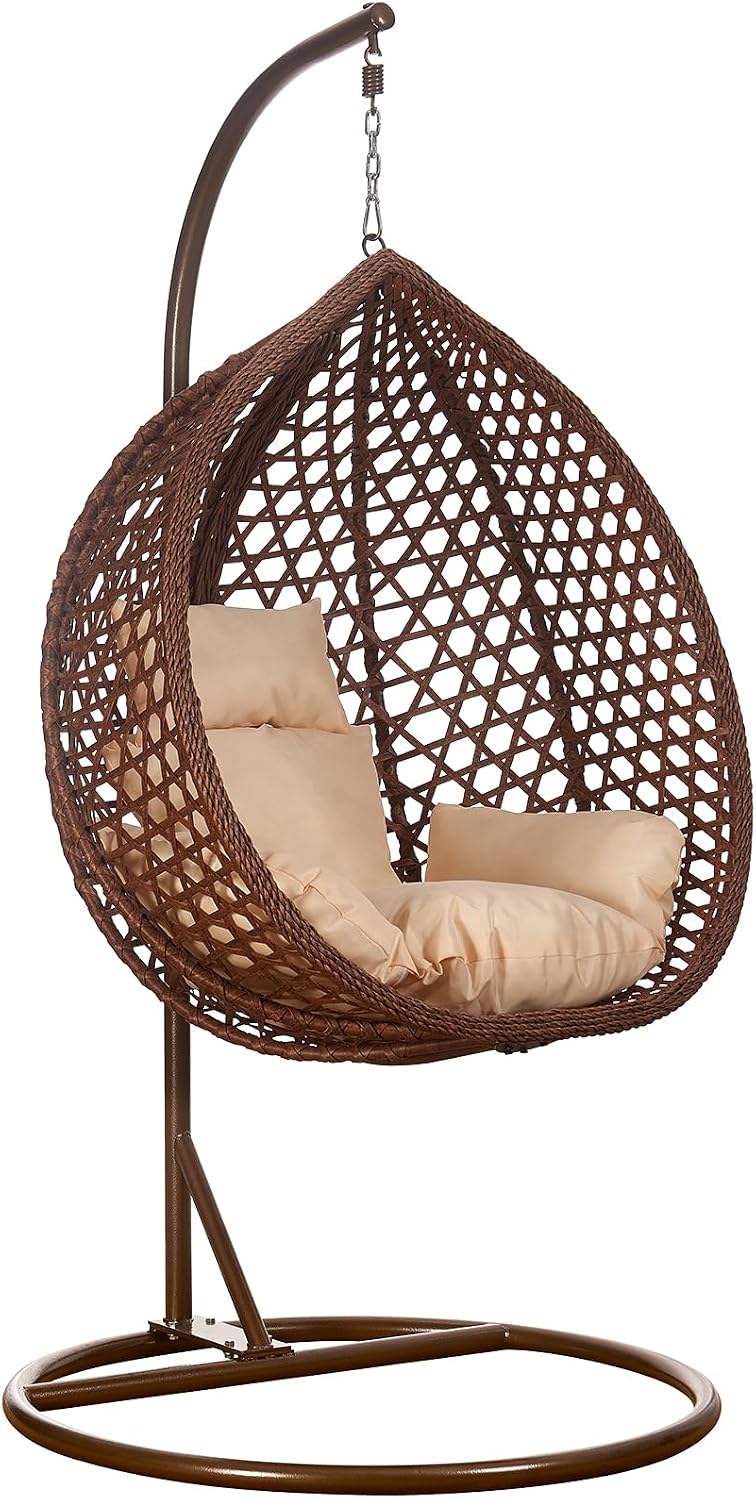 Luxus Hängesessel Style XXL Rattan Korb und Gestell Braun mit Relaxkissen Beige