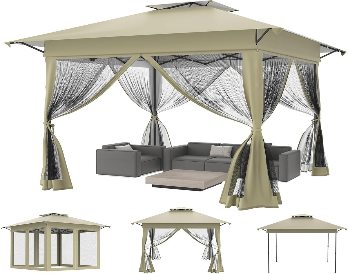 Aufun Gartenpavillon Pop Up Pavillon 4x4m Gartenzelt Partyzelt, Khaki
