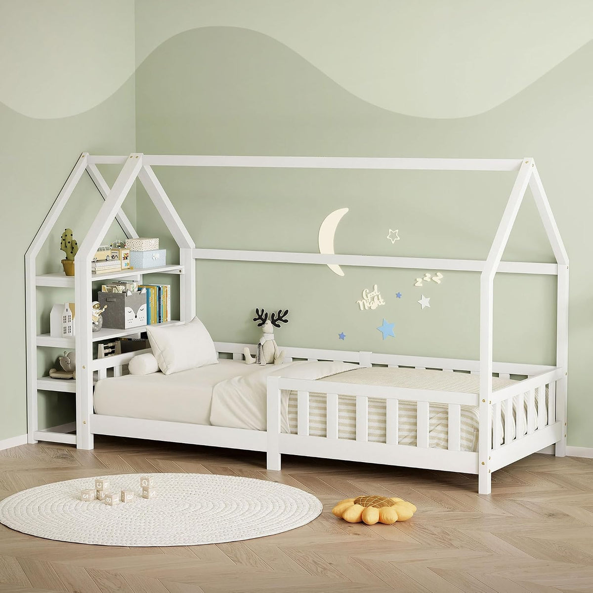 ML-Design Kinderbett Hausbett 90x200 cm mit Rausfallschutz, Regal, Bettgestell aus Kiefernholz, Holzbett für Mädchen & Jungen, Dach & Lattenrost, Weiß