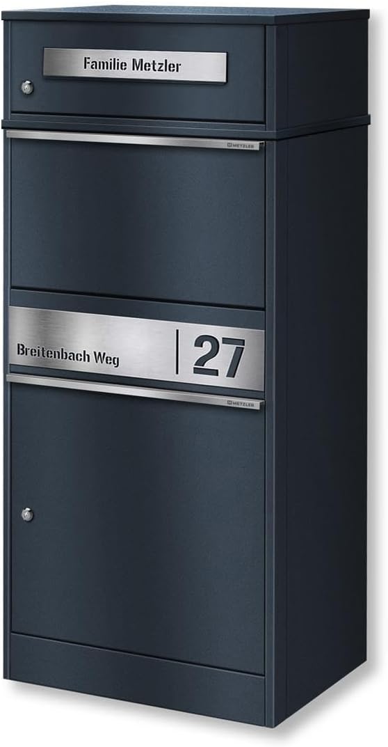 Metzler Paketbox, Briefkasten mit großem Paketfach in Anthrazit, personalisierte Paketbox für draußen, Standbriefkasten mit Paketfach, Paketkasten