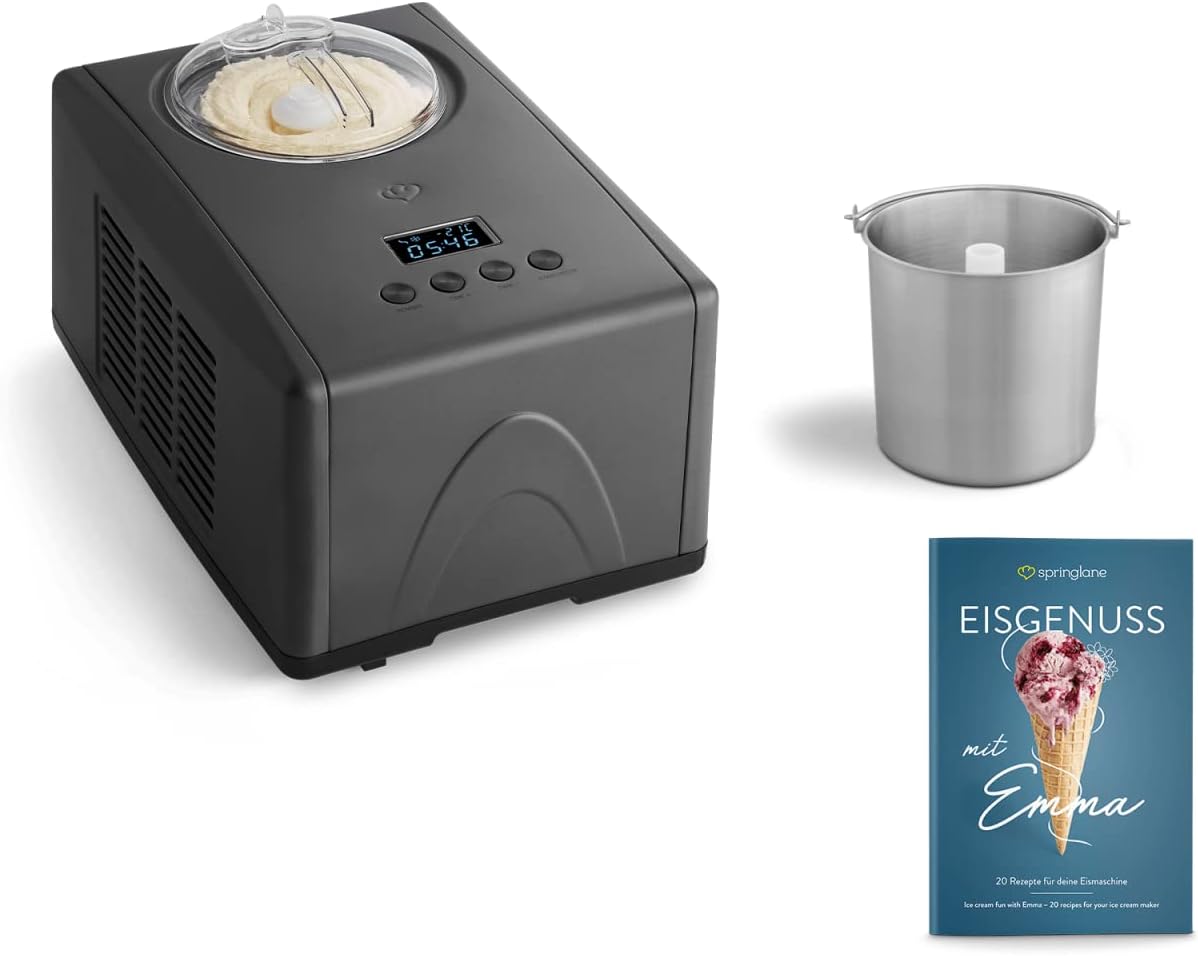 SPRINGLANE Eismaschine Emma 1,5 L mit selbstkühlendem Kompressor 150 W, aus Edelstahl mit entnehmbarem Eisbehälter, inkl. Rezeptheft