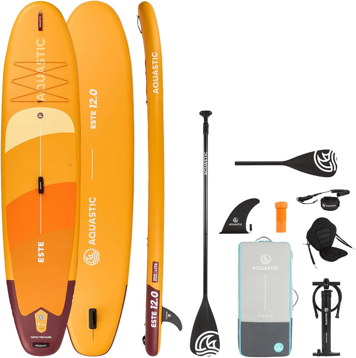 AQUASTIC Este 12'0' SUP Board Set, 390L, 170kg, Pumpe & Rucksack, Komplettset mit Paddel, Drop Stitch Lite, Sitz montierbar, leicht & stabil, Eva Deck