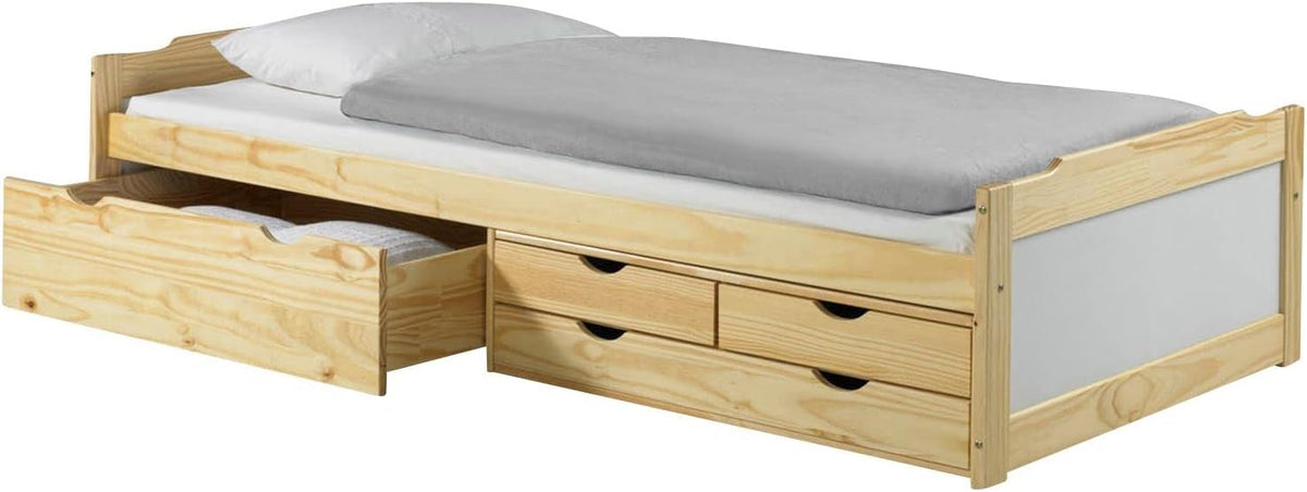 IDIMEX Bett mit Stauraum Andrea Kiefer massiv Weiss/Natur 90x200 cm, Gästebett Tagesbett, 4 Schubladen