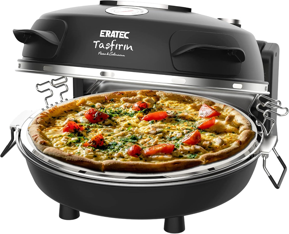 ERATEC-Pizzaofen,SET-PM-27.Temperatur bis zu 400°C mit 5 Garstufen,Pizza 4 Minuten fertig inkl. Zubehör: 32 cm Feuerfeste Steinplatte- XXL