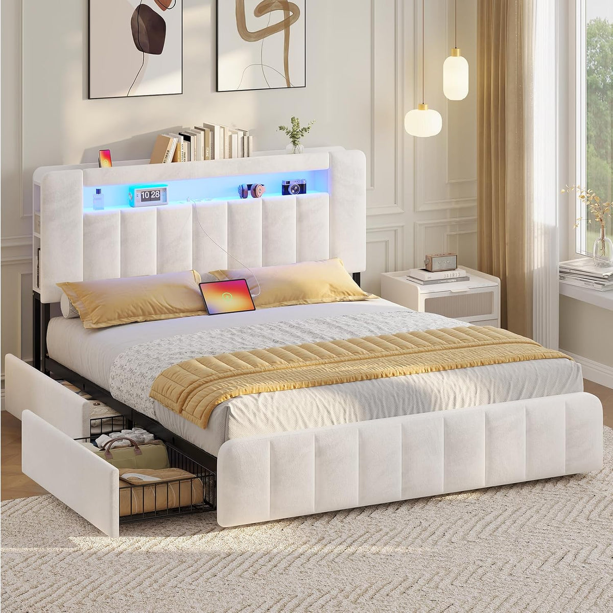 AOGLLATI Polsterbett 160x200 cm mit Stauraum, Bett mit Lattenrost ohne Matratze, Doppelbett mit LED-Beleuchtung & Ladestation, 4 Schubladen