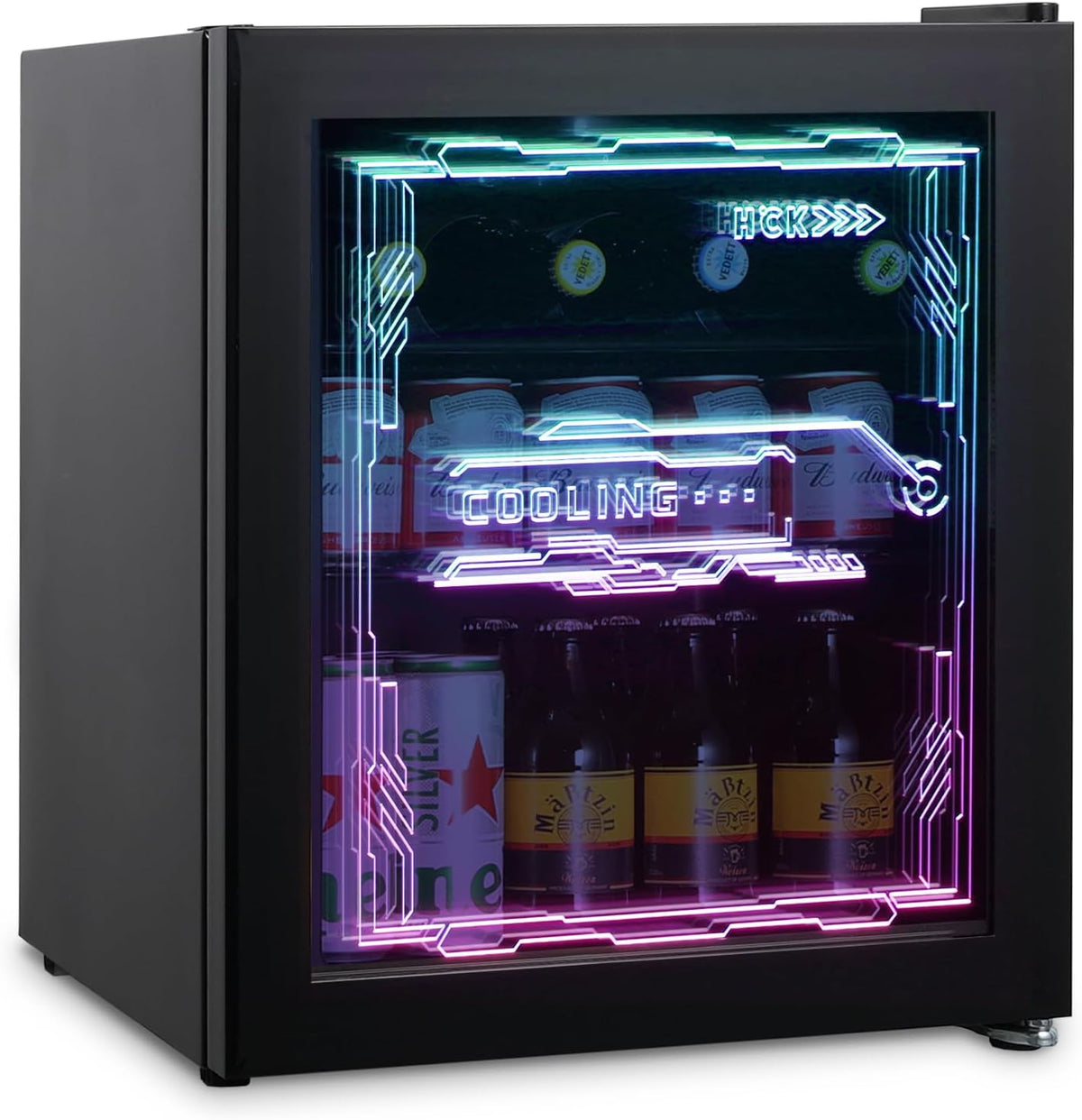 HCK Mini Kühlschrank 48L, leise 39dB, Getränkekühlschrank mit Glastür und LED Beleuchtung, 0-10℃ Bierkühlschrank für Gaming Room, Cyberpunk Design