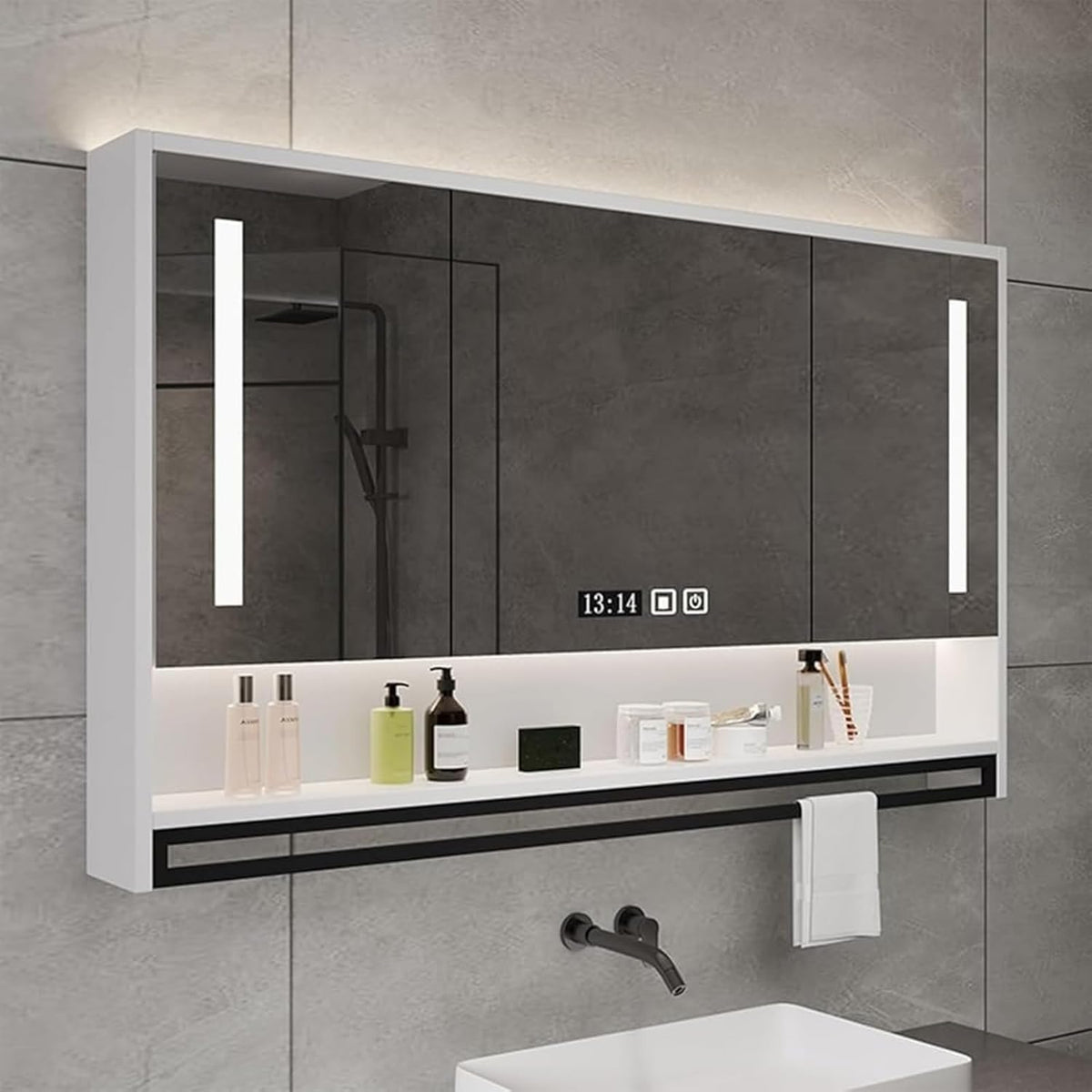 Badezimmerspiegel 3 Türen Badezimmerspiegelschrank Mit LED-Leuchten Wandmontierter Badezimmerschrank Mit Verstellbaren Lagerregalen