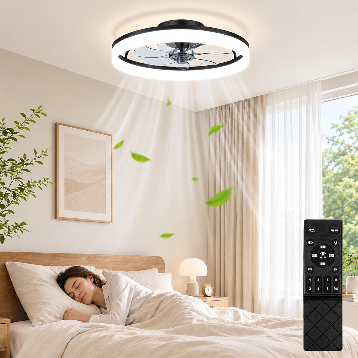 Deckenventilator mit Beleuchtung und Fernbedienung, Moderne Lampe mit Ventilator Leise für Schlafzimmer Schwarz 50cm, LED Deckenleuchte Dimmbar
